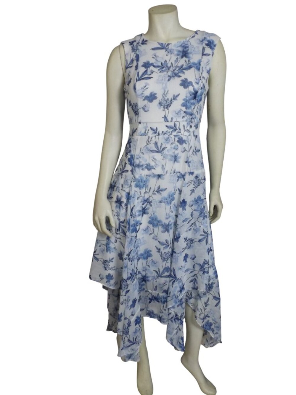 CALVIN KLEIN Midi Dress, 4, Handkerchief skirt, Blue/White, Sleeveless, Back Zip
